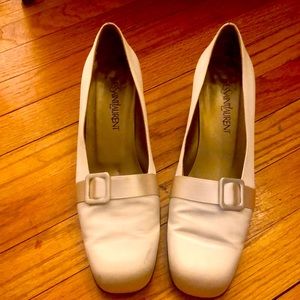 Yves Saint Laurent white satin heels